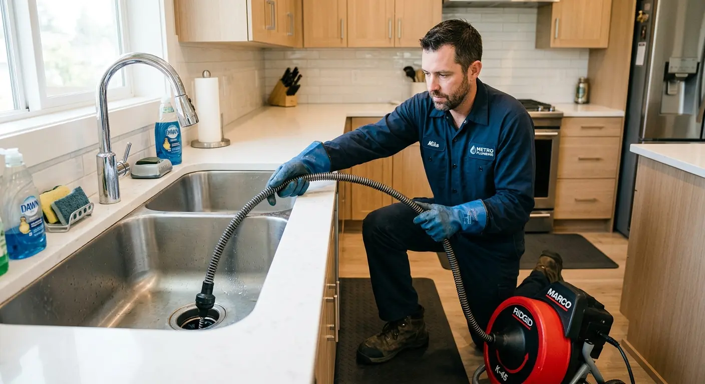 Drain cleaning technician using a motorized snake on a kitchen sink in Bellmawr