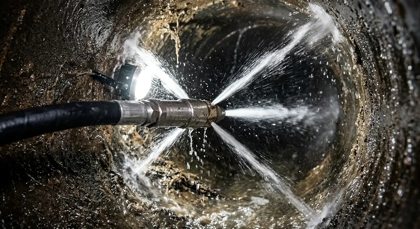 High-pressure hydro jetting nozzle cleaning sewer pipe for Trenchless Sewer Repair in Bellmawr