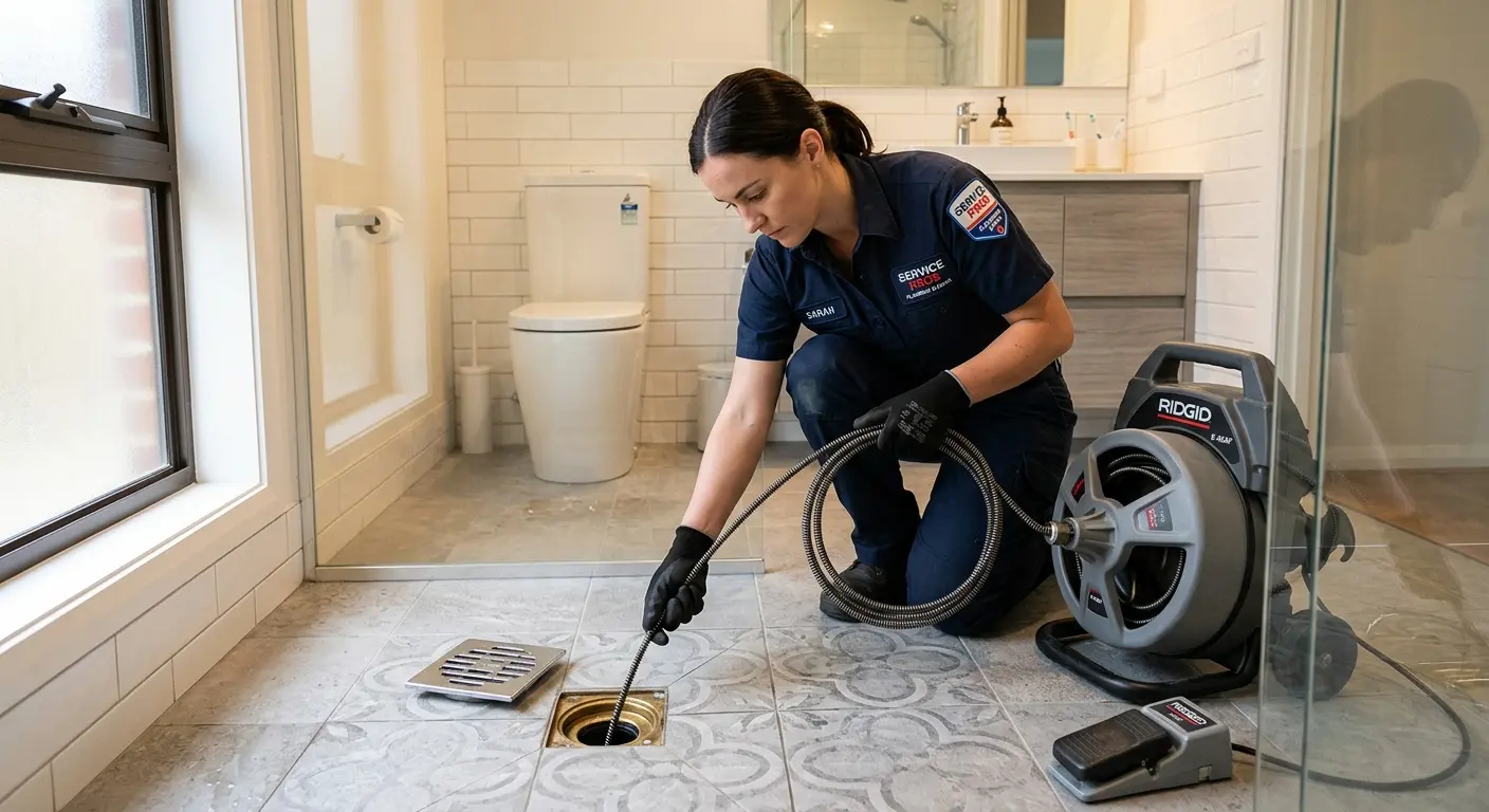 Technician clearing a bathroom floor drain for Sewer Line Replacement in Bellmawr
